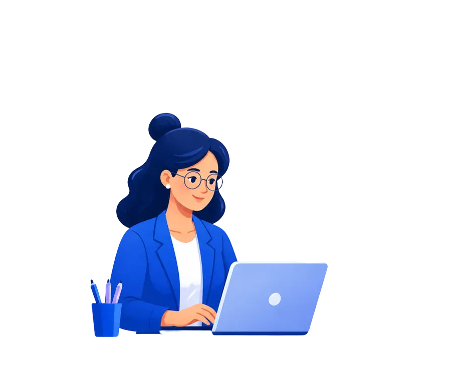 Ilustración de una docente usando inteligencia artificial en su laptop